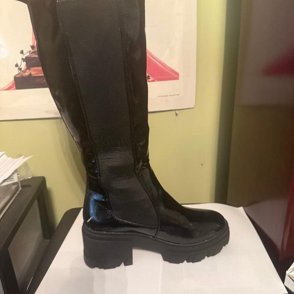 black knee-high patient leather boots
